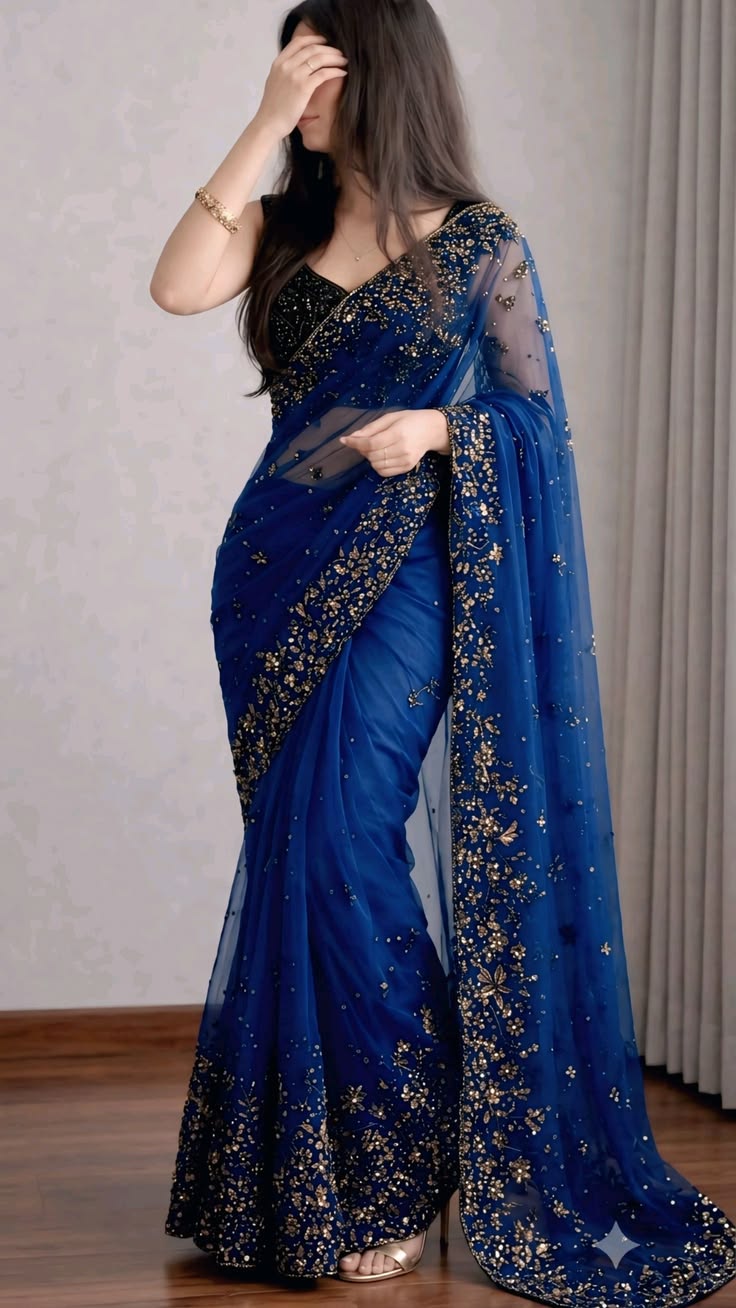 Royal Blue Sequins Saree Look. Elegant Party Wear Saree Inspo